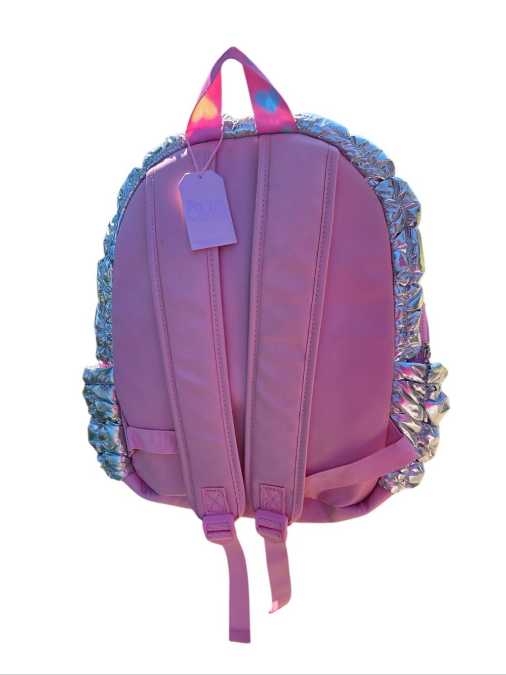 OMG - Kids Scrunch Metallic Silver & Pink Heart Strap Backpack - Picture 3 of 5
